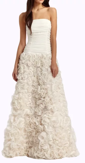 Tadashi Shoji Ruched Strapless Rosette Wedding Gown Sz 16 Ivory Tadashi Shoji Ruched Strapless Rosette Wedding Gown Sz 16 Ivory