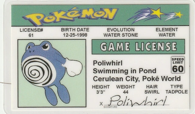 Carte D Identite De Collection Plastique Polywhirl Pokemon Permis De Conduire Ceruleen City Poke Eur 7 79 Picclick Fr