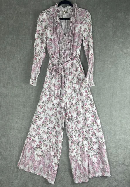 Jaase Women’s Size S Floral Pink V-Neck Long Sleeve Tie Waist Jumpsuit Ruffle