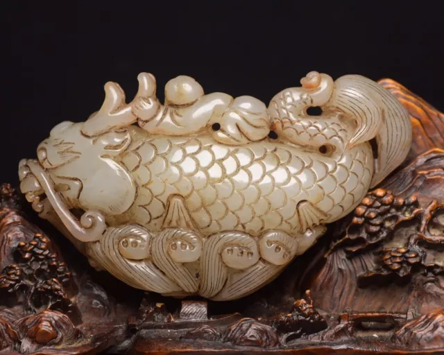 Collection Chinese Natural Hetian Jade Carved Dragon Fish Statue Figurines Art