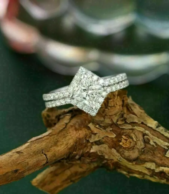 3ct Princess Cut Diamond Lab Created Bridal Ring 14K White Gold Plated