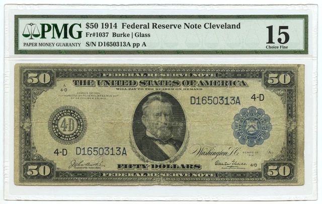 1914 $50 Federal Reserve Note FRN Cleveland, OH PMG Choice F-15 Fr #1037