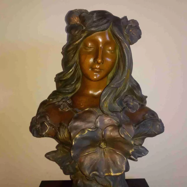 Art Nouveau bronzed chalkware bust of woman with flowers titled PURETE Villanis
