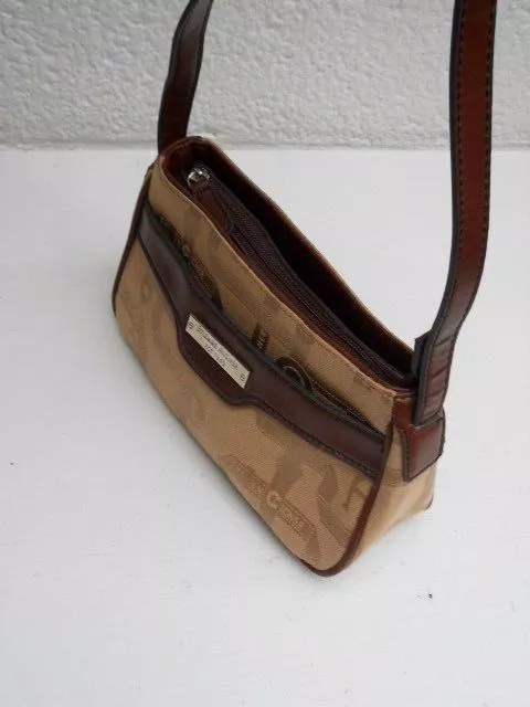 Etienne Aigner Logo Canvas Fabric and Dark Brown Leather Trim Petite Handbag