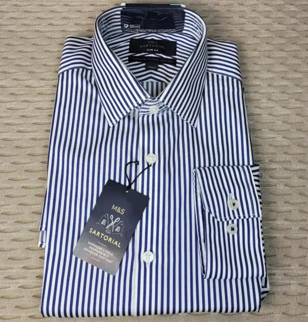 M&S SARTORIAL Mens' SLIM Fit SHIRT ~ Size 15.5" ~ NAVY Stripe (rrp £45)