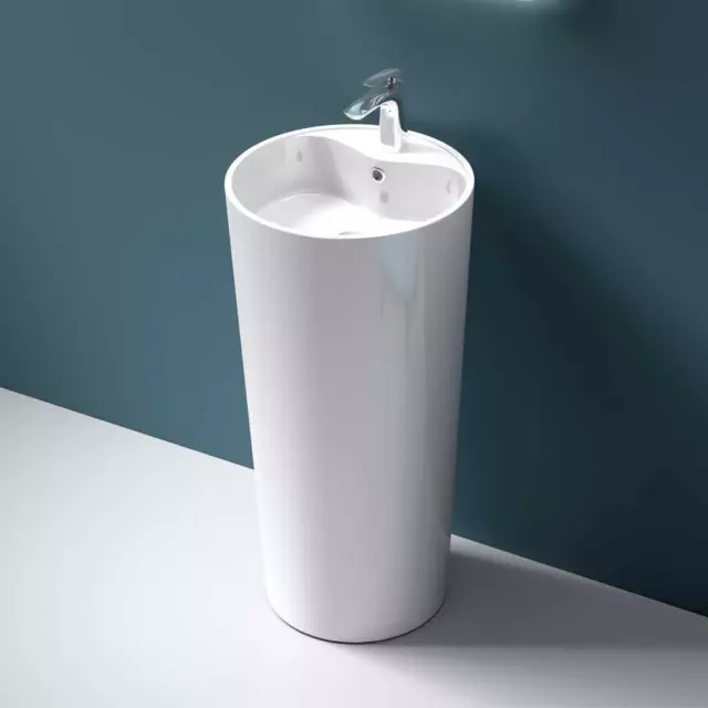 Bathroom Wash Basin Sink Stone Pedestal Freestanding Round White Design 450mm