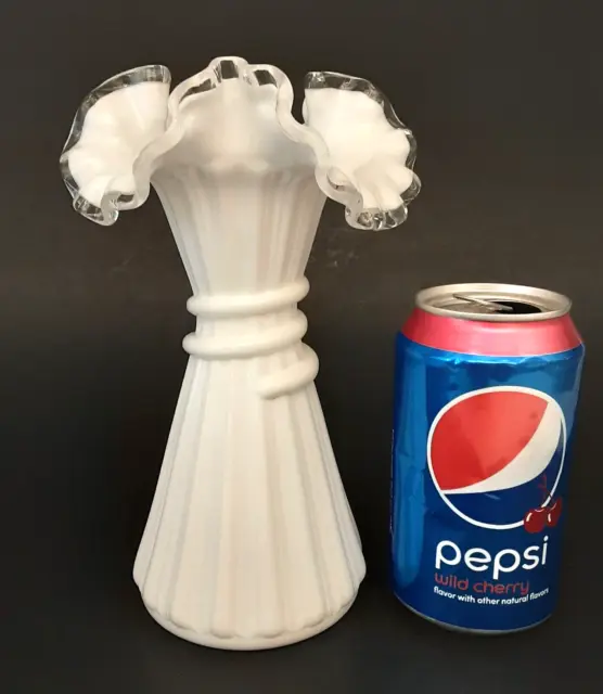 Vintage FENTON Art Glass SILVER CREST Milk White Ruffled Ribbed WHEAT Vase 7.75"