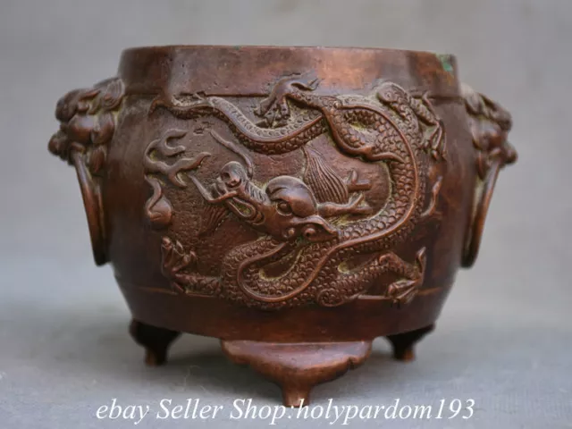 5.4" Marked Old Chinese Bronze Dynasty Dragon incense burner Censer Jar Pot
