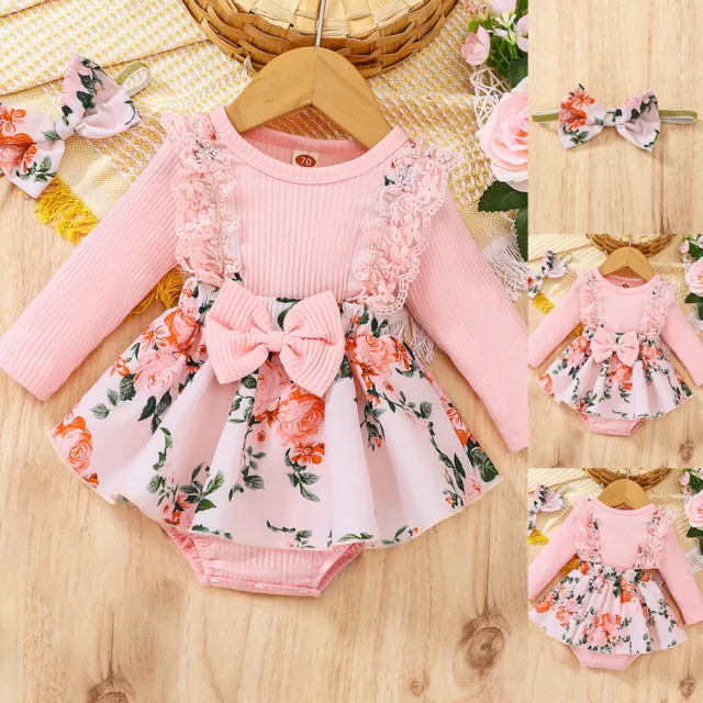 2PCS Newborn Baby Girls Lace Floral Ruffle Romper Headband Infant Sets Outfits