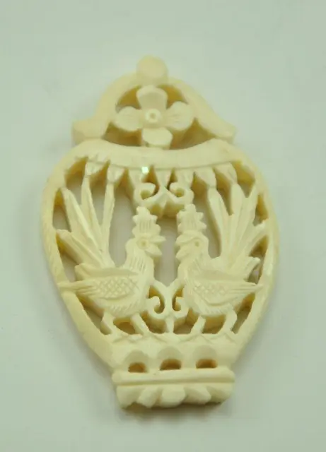 2 x Vintage Asian Bone Carved Bead Disc Carve Style Charm Pendant Love Bird Cage