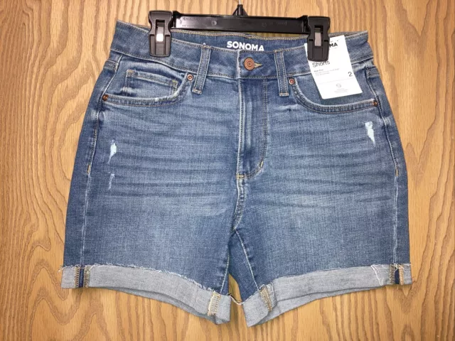 NWT Womens Sonoma High Rise Raw Hem Blue Jean Denim Shorts Medium Wash SIZE 2