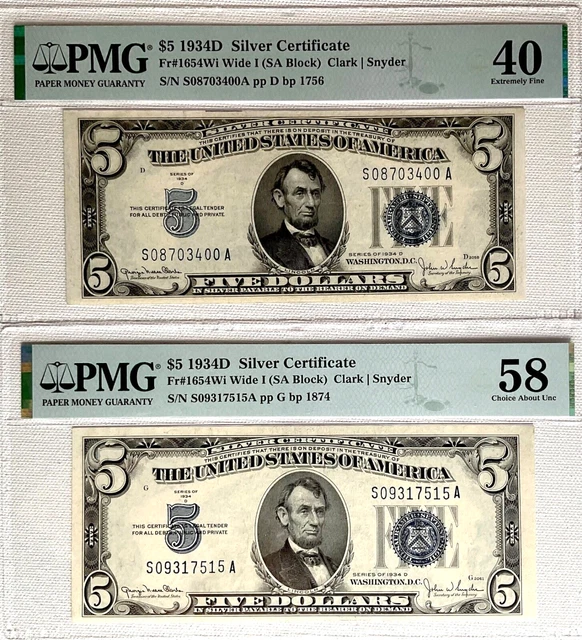 1934D (Five Dollars) Silver Certificates Fr#1654Wi PMG 40 and 58