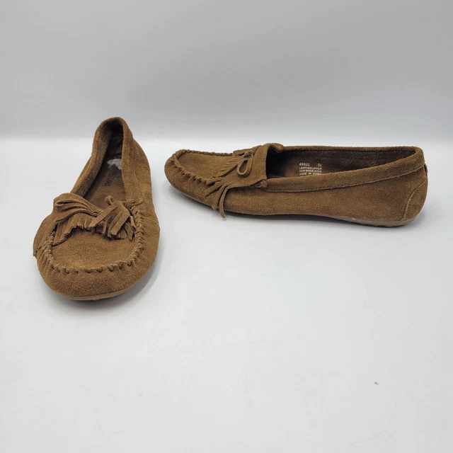 Minnetonka Kilty Brown Suede leather Womens sz 9.5 hardsole moccasins padded ins