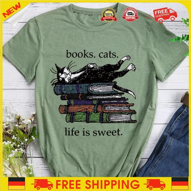 ❥ Maglietta libri gatti life is sweet - verde oliva-M