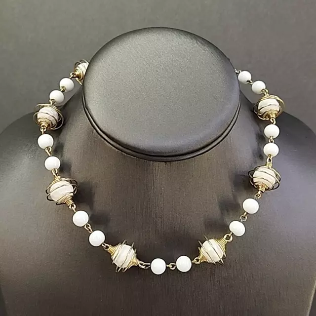 Beaded Necklace Vtg  Gold Tone Spiral Wire Wrapped White Beads 16" Jewelry