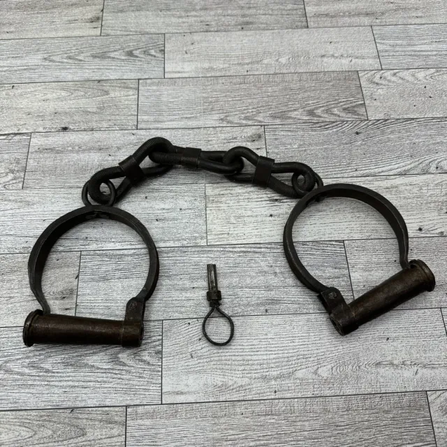 Vintage Handcuffs Shackles Restraints Chain Iron Metal with Key Antique Relic