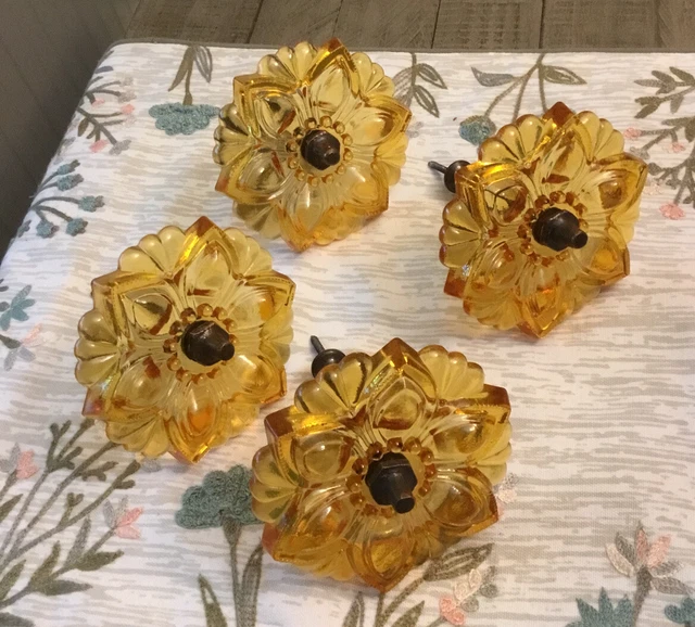Vintage Pressed Glass Rosette Flower Curtain Tie Backs  Set Of Four Amber Color