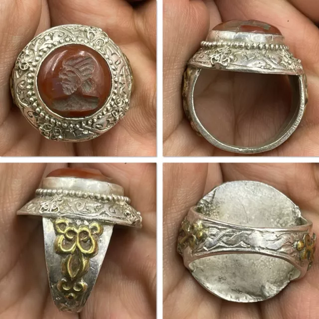 Unique Ancient Carnelian Agate Stone King Face  Intaglio Solid Silver Ring