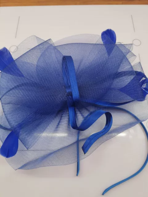 WOMENS FEATHER, CLIP&HEADBAND,WEDDING,RACES HAIR FASCINATOR,ROYAL BLUE,Width31CM