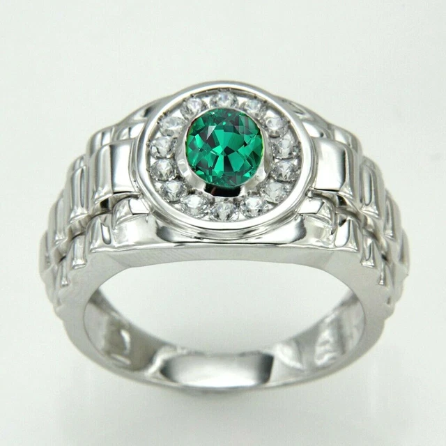 Bague De Fiançailles Homme En Or Blanc 14k – Émeraude Verte 3,00 Ct – Taille Réglable
