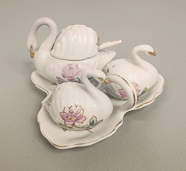 VINTAGE CERAMIC SWAN Flowers Salt And Pepper Shakers Mustard Pot Tray
