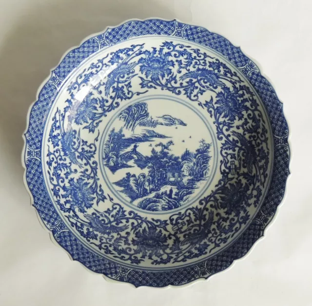 Vintage Antique Large Chinese Blue And White Porcelain Hand Painted Plate Marked