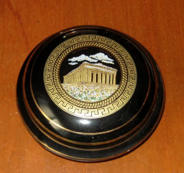 Vintage Trinket Dish Greek Parthenon Acropolis Greece Black 24K Gold Trim