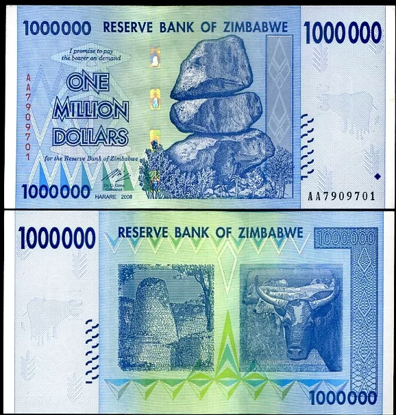 Zimbabwe 1 Million Dollars 2008 Banknote UNC AA+/AB+ Uncirculated P-77