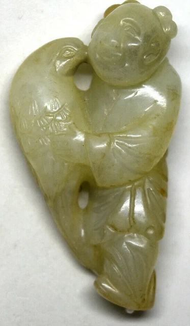 Antique Chinese Man and Bird Hand Carved Celadon Jade Figurine