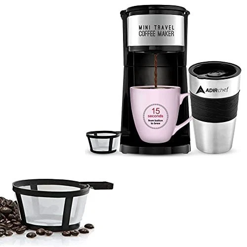 AdirChef Mini-Travel Single Serve Coffee Maker & 15 oz. Travel-Mug Coffee...