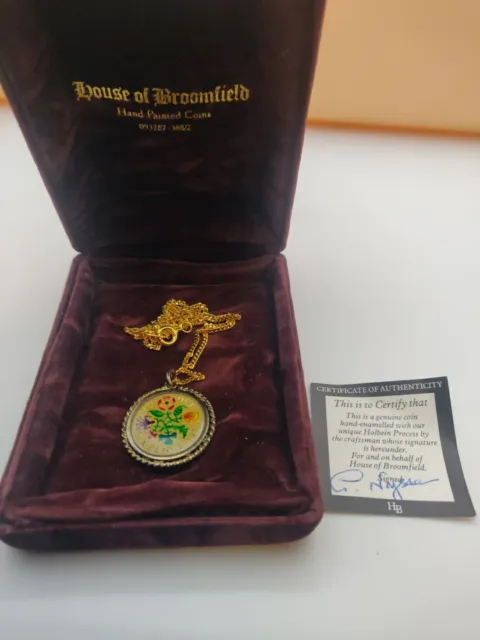 House Of Broomfield Hand Enamelled Six Pence Coin Pendant Boxed + Certificate