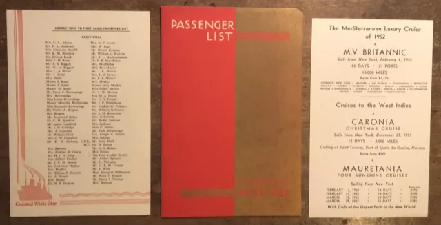 RMS CARONIA Passenger List 1951, Cunard White Star Line, New York - Southampton