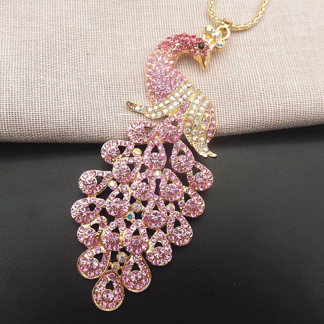 Betsey Johnson Pink Crystal Rhinestone Peacock Pendant Sweater Necklace