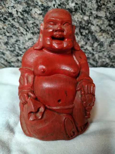 Wood Buddha 6" Statue Happy Fat Smiling Laughing Wooden Hand Carved Decor