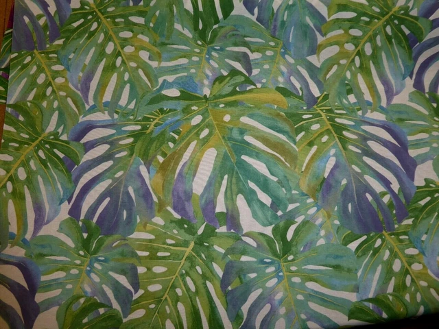TROPICAL PALM LEAVES Cotton Fabric Curtains Cushions Lampshades - BLUE GREEN
