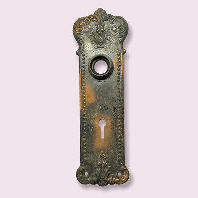 Antique 1907 Clinton Design US Steel LOCK CO. Brass Door Knob Back Plate 7”