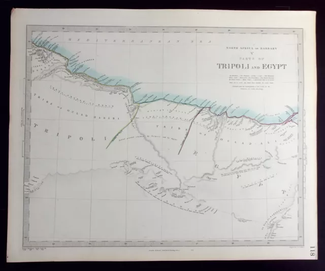 NORTH AFRICA, TRIPOLI, EGYPT original antique map, SDUK c.1858