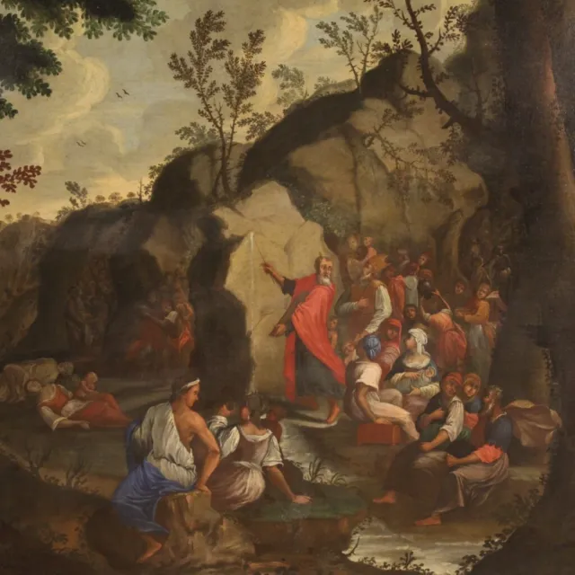 Pintura religiosa óleo sobre lienzo milagro Moisés cuadro antigua siglo XVIII