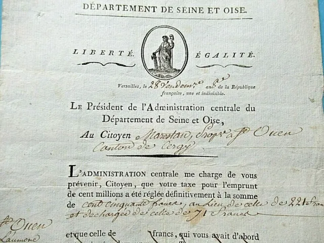 LETTRE Signé Sur EMPRUNT CENT MILLIONS 1799 SEINE-ET-OISE Vignette REVOLUTION