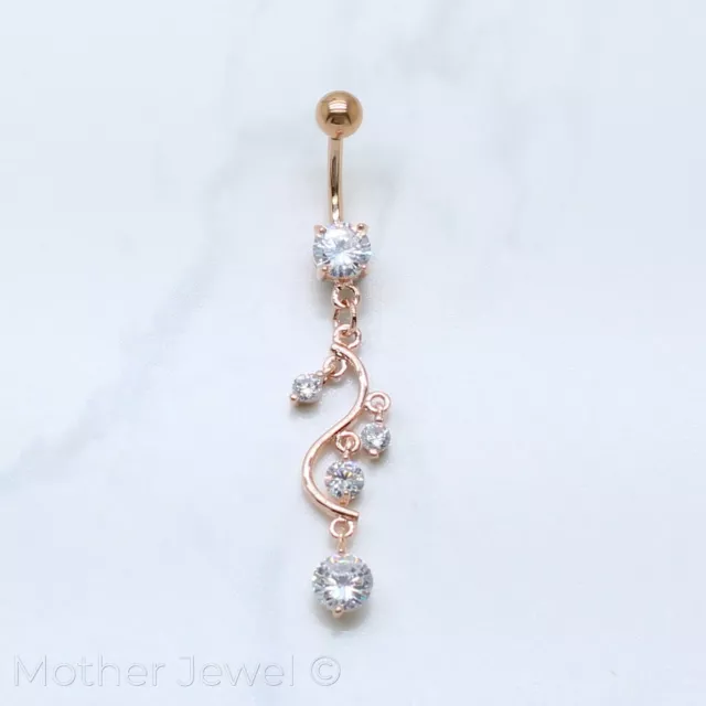 Swirl Simulated Diamond 14K Rose Gold Triple Plated Dangle Belly Navel Ring