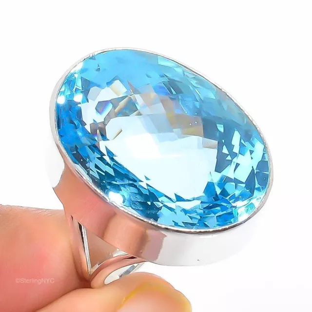 Natural Swiss Blue Topaz Gemstone Cluster Ring Size 8 925 Silver For Women