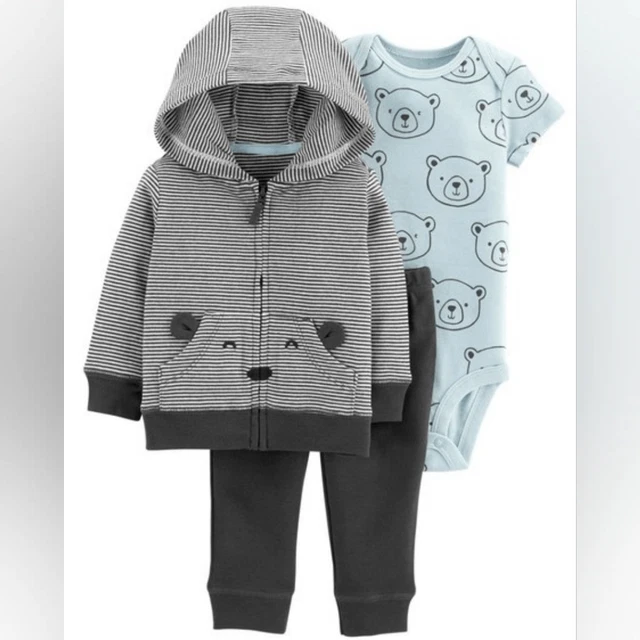 Carter's 3-Piece Pants Hoodie Set Baby Boy Size Newborn Brown Blue Bear Ears NB