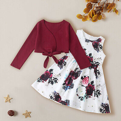 Kids Baby Girls Solid Long Sleeve Tops+Floral Print Dress Princess Outfits Set