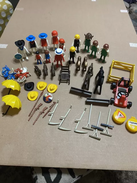 Playmobil Geobra Vintage 1974 Toy Lot Western Figures Horses Cowboys Bikes Cars