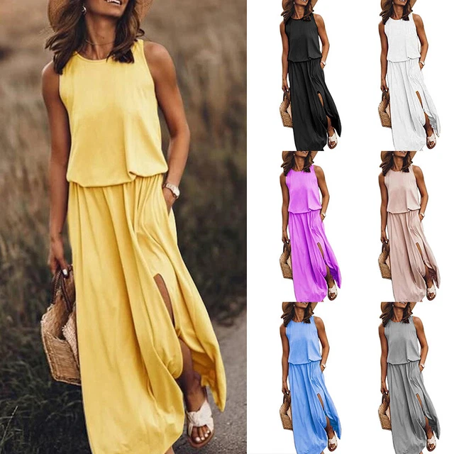 Femmes Été Robe Maxi Longue Femmes Vacances Boho Uni sans Manche Tuniq *