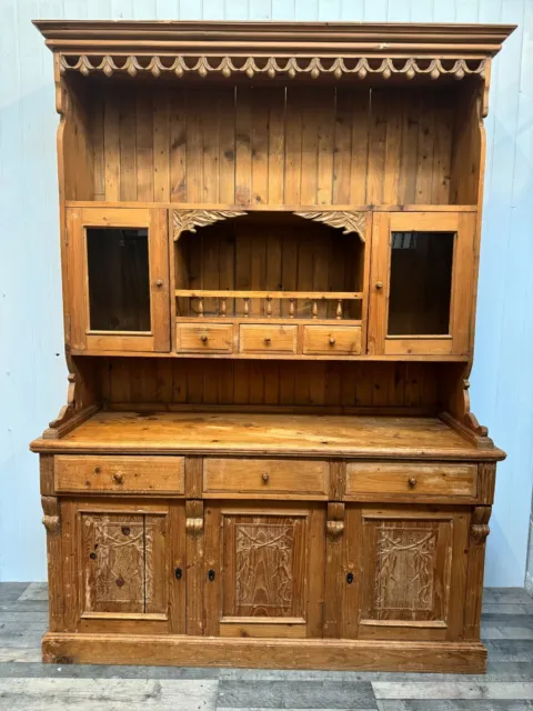 Country farmhouse vintage welsh dresser with carvings and glass display
