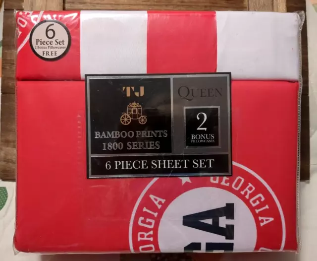 NEW QUEEN Size 6 piece Georgia Bulldogs Sheet Set TJ Bamboo Prints 1800 Series