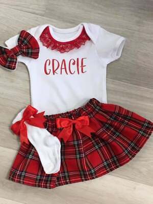 Personalised Red Tartan Check Christmas Set Skirt Top Hair Bow Socks Lace Romany