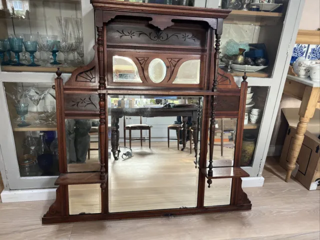 Edwardian Mahogany Over Mantle  Mirror With Shelves