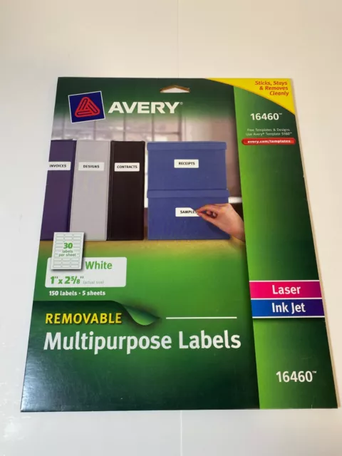 NEW Avery Removable Multipurpose Labels 1" x 2-5/8" 5 Sheets - 150 Labels 16460